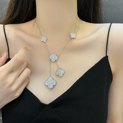 [⭐Sparkve]CLOVER 5 MOTIFS SILVER DIAMONDS NECKLACE