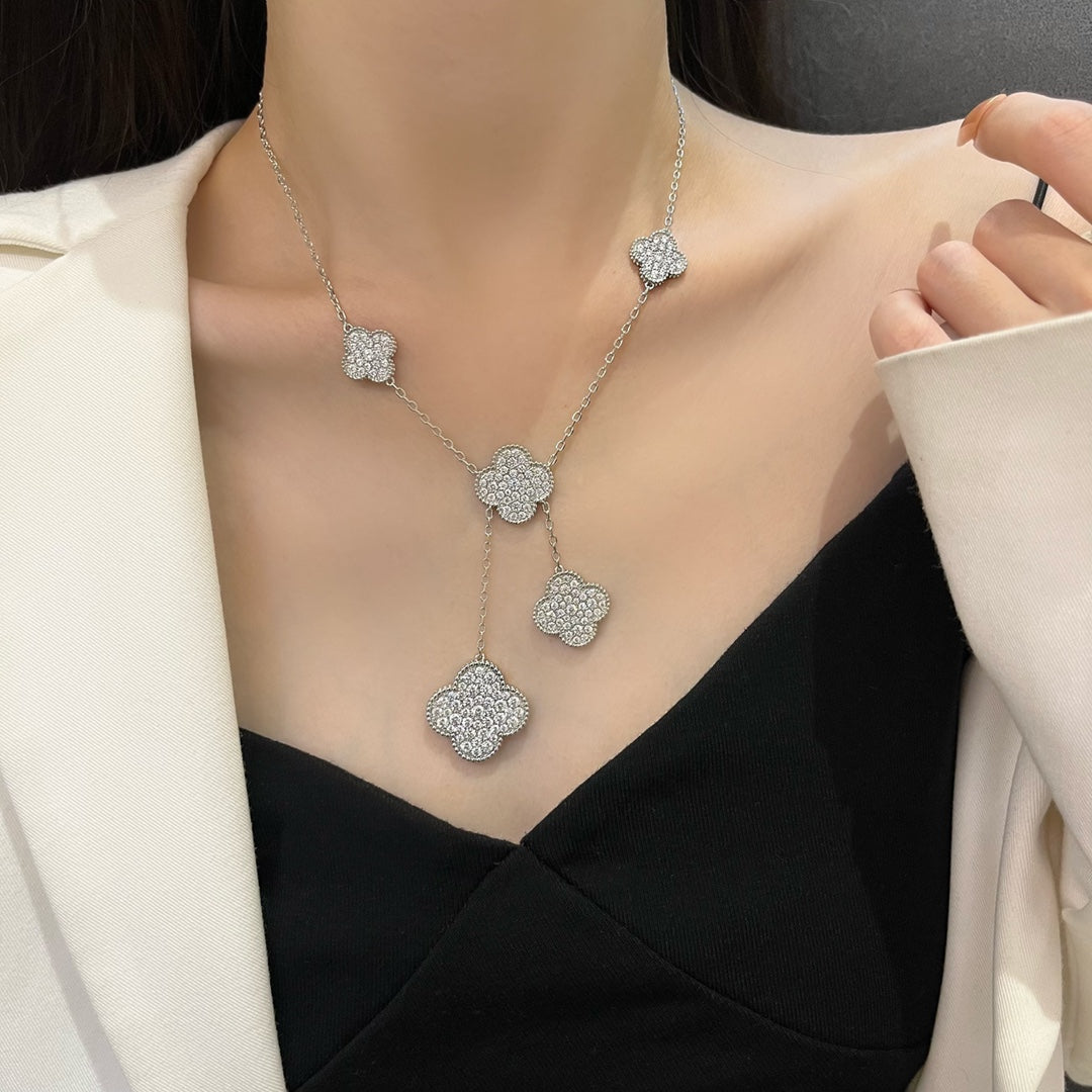 [⭐Sparkve]CLOVER 5 MOTIFS SILVER DIAMONDS NECKLACE