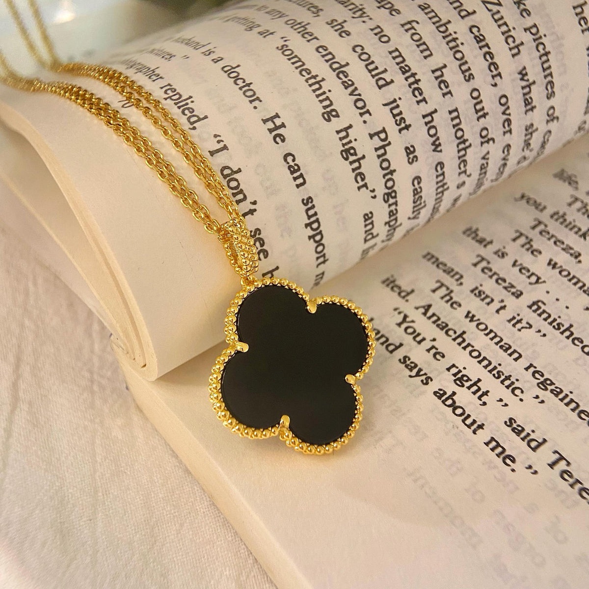 [⭐Sparkve]CLOVER 25MM NECKLACE GOLD ONYX
