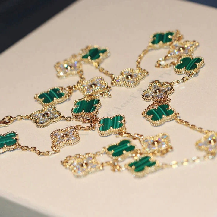[⭐Sparkve]CLOVER 20 MOTIFS MALACHITE DIAMOND NECKLACE
