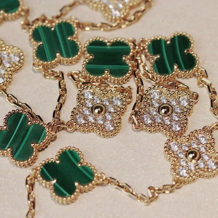 [⭐Sparkve]CLOVER 20 MOTIFS MALACHITE DIAMOND NECKLACE