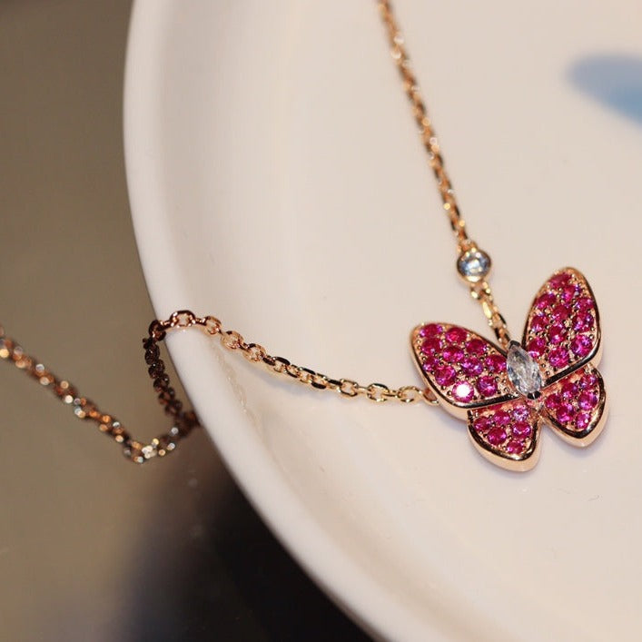 [⭐Sparkve]BUTTERFLY RED DIAMOND ROSE GOLD NECKLACE