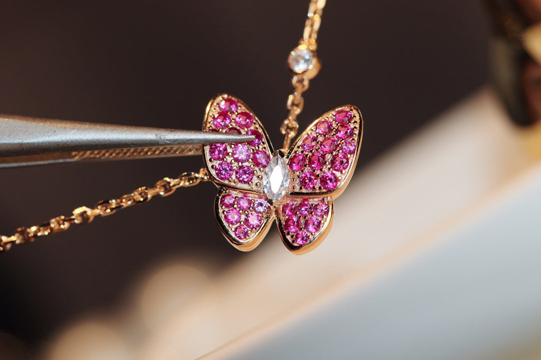 [⭐Sparkve]BUTTERFLY RED DIAMOND ROSE GOLD NECKLACE