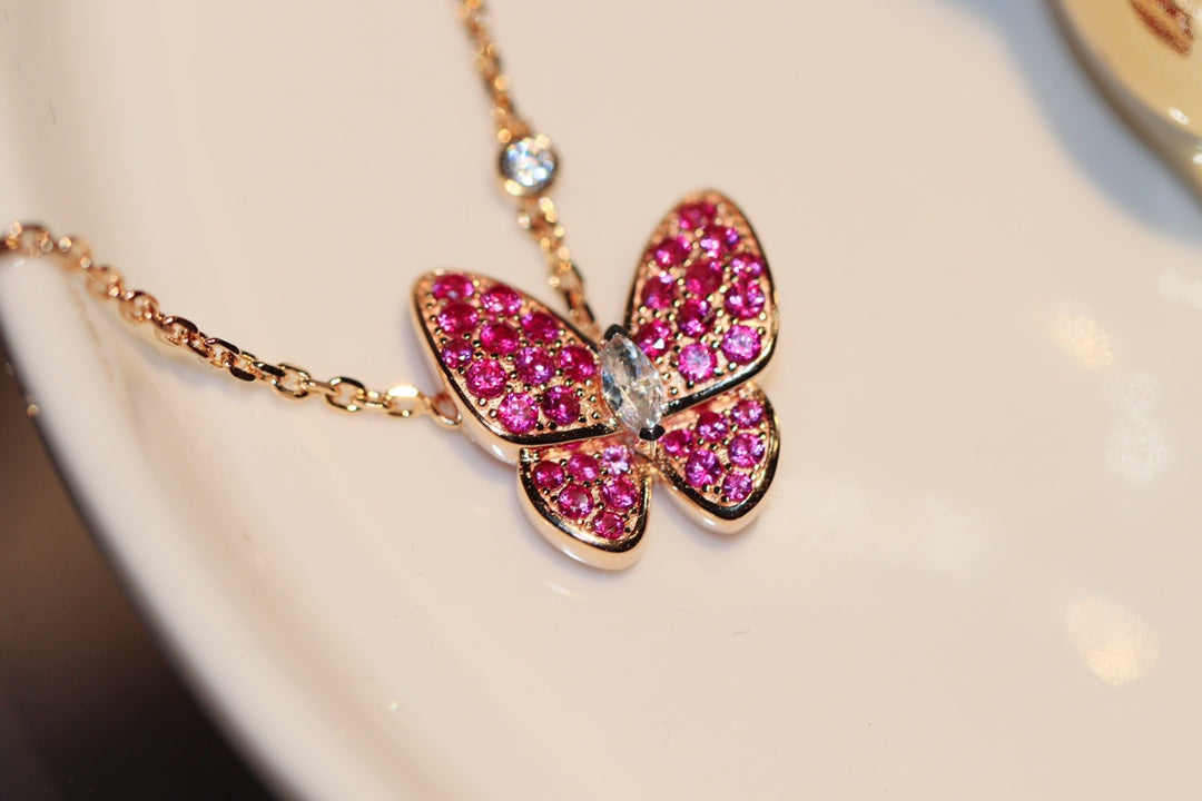 [⭐Sparkve]BUTTERFLY RED DIAMOND ROSE GOLD NECKLACE