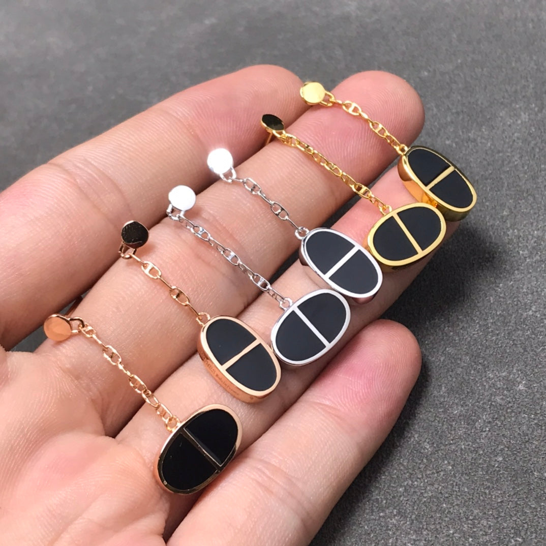 [⭐Sparkve]CHAINE VERSO BLACK CERAMIC SILVER EARRINGS