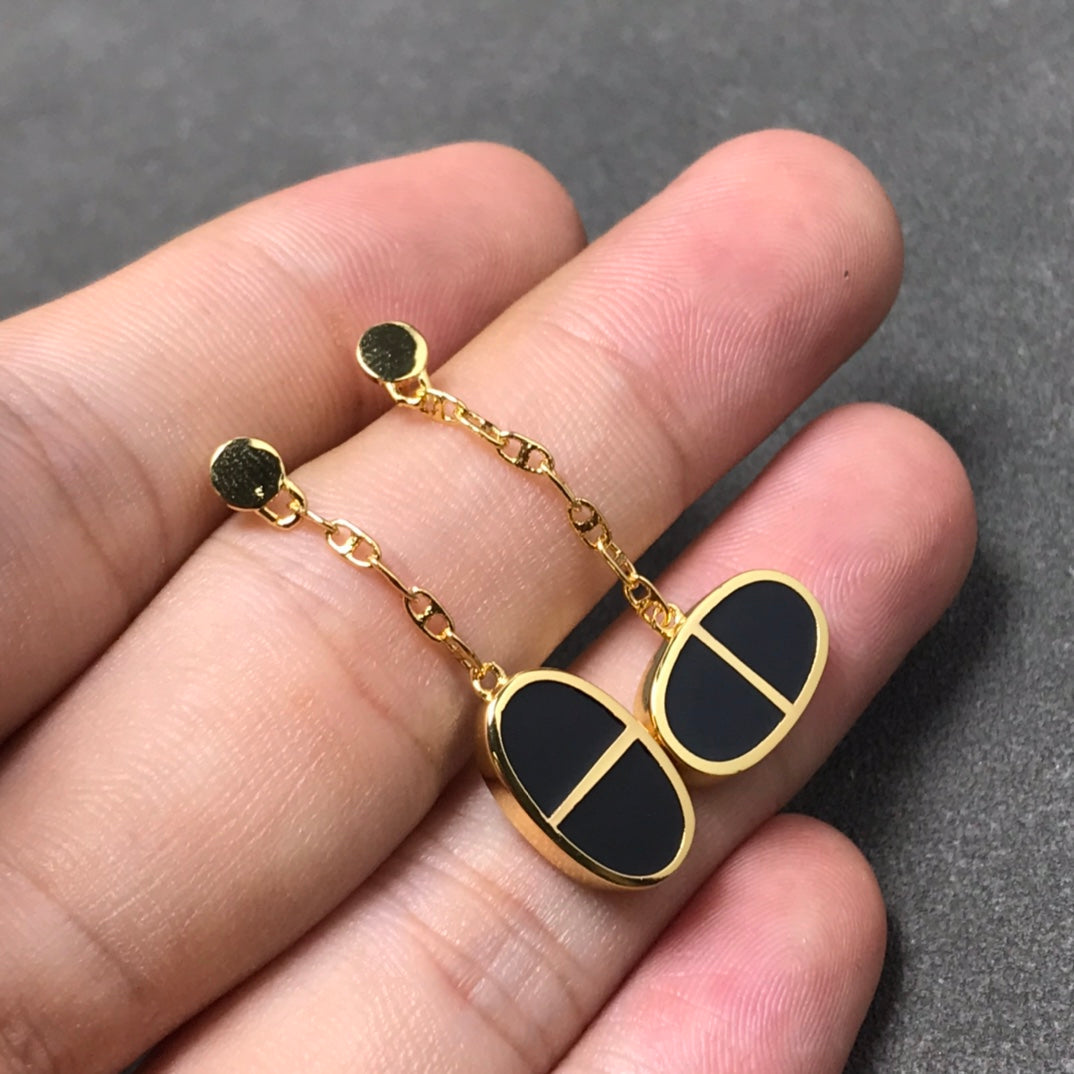 [⭐Sparkve]CHAINE VERSO BLACK CERAMIC SILVER EARRINGS