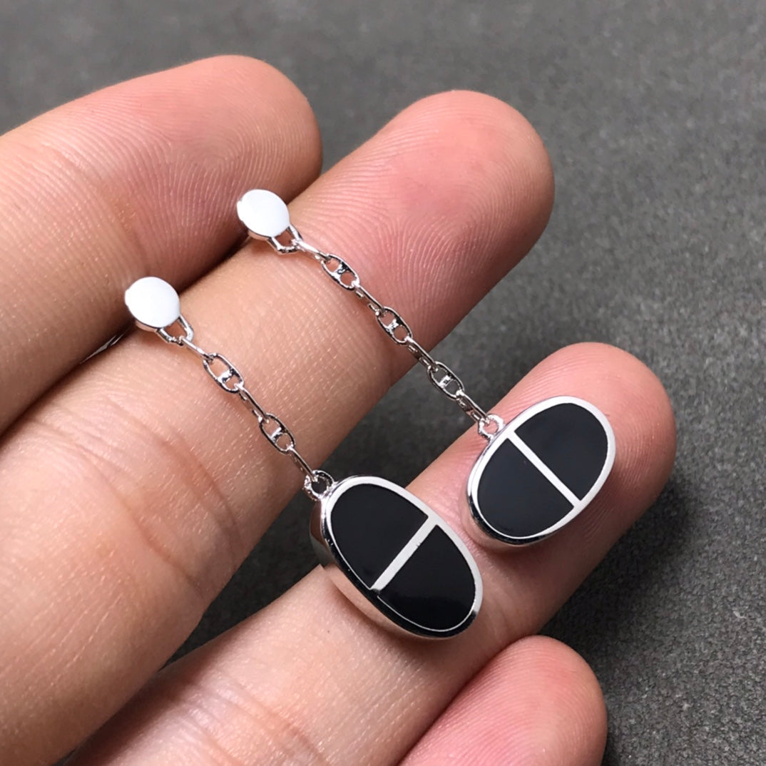 [⭐Sparkve]CHAINE VERSO BLACK CERAMIC SILVER EARRINGS