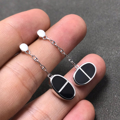 [⭐Sparkve]CHAINE VERSO BLACK CERAMIC SILVER EARRINGS