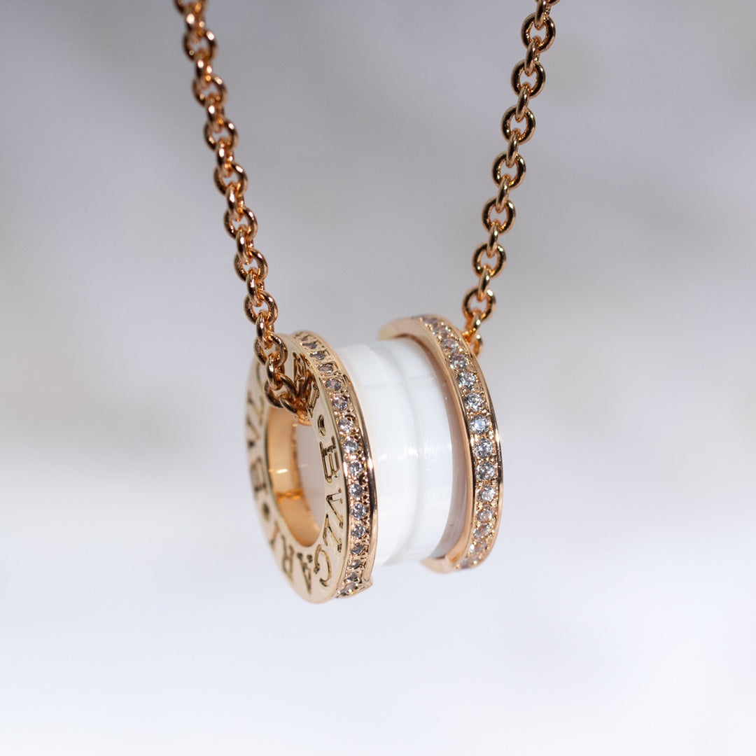 [⭐Sparkve]ZERO 1 WHITE CERAMIC PINK GOLD DIAMOND NECKLACE