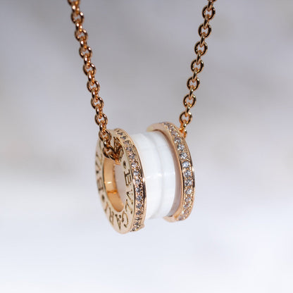 [⭐Sparkve]ZERO 1 WHITE CERAMIC PINK GOLD DIAMOND NECKLACE