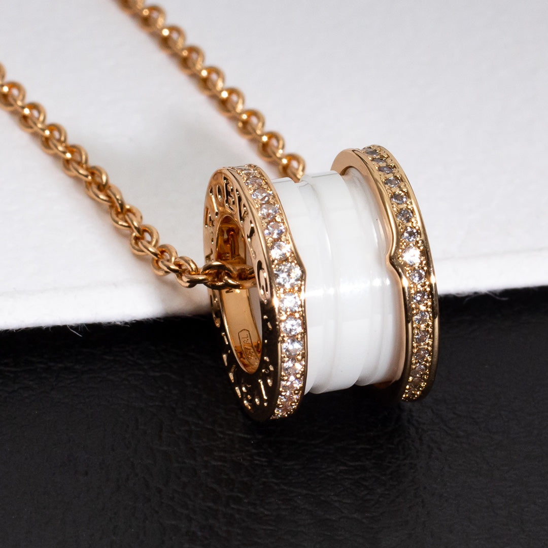 [⭐Sparkve]ZERO 1 WHITE CERAMIC PINK GOLD DIAMOND NECKLACE