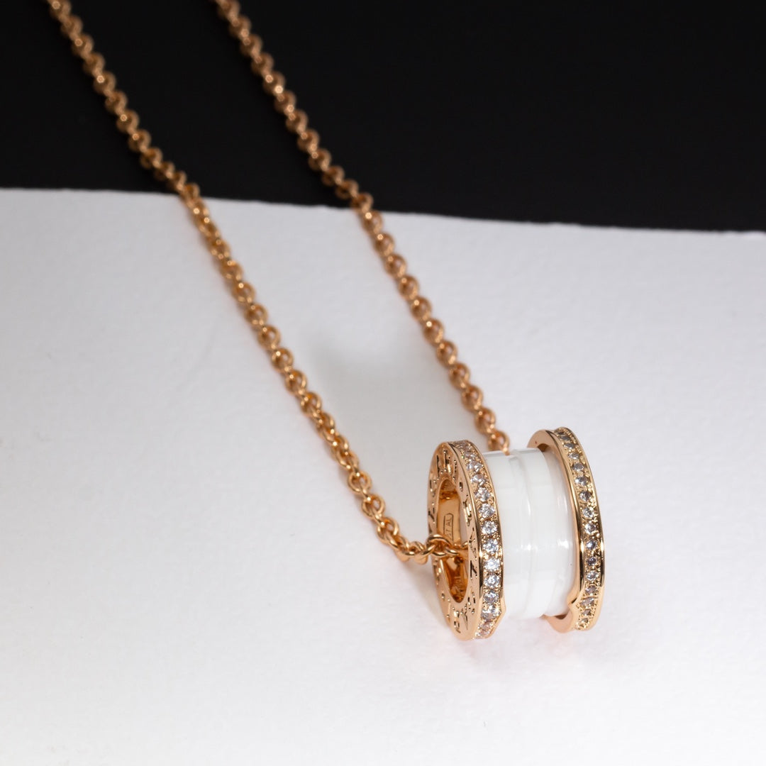 [⭐Sparkve]ZERO 1 WHITE CERAMIC PINK GOLD DIAMOND NECKLACE