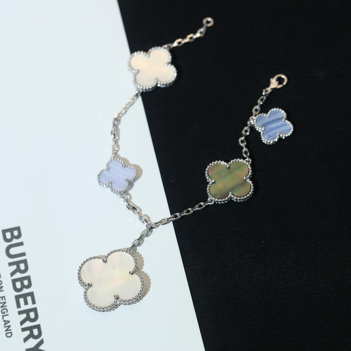 [⭐Sparkve]CLOVER BRACELET 5 MOTIFS MOP CHALCEDONY SILVER
