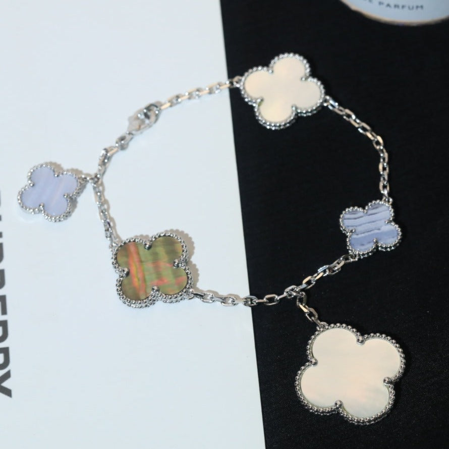 [⭐Sparkve]CLOVER BRACELET 5 MOTIFS MOP CHALCEDONY SILVER