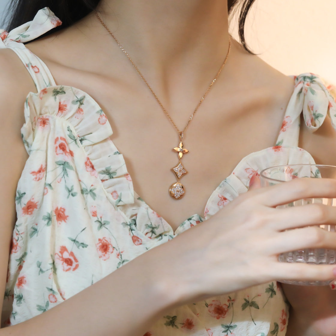 [⭐Sparkve]STAR AND SUN DIAMOND PINK GOLD NECKLACE