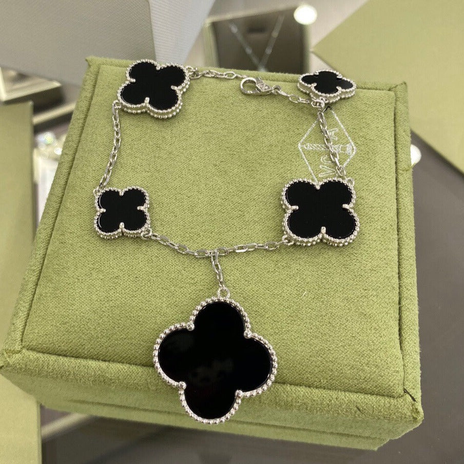[⭐Sparkve]CLOVER 5 MOTIFS SIVLER ONYX BRACELET