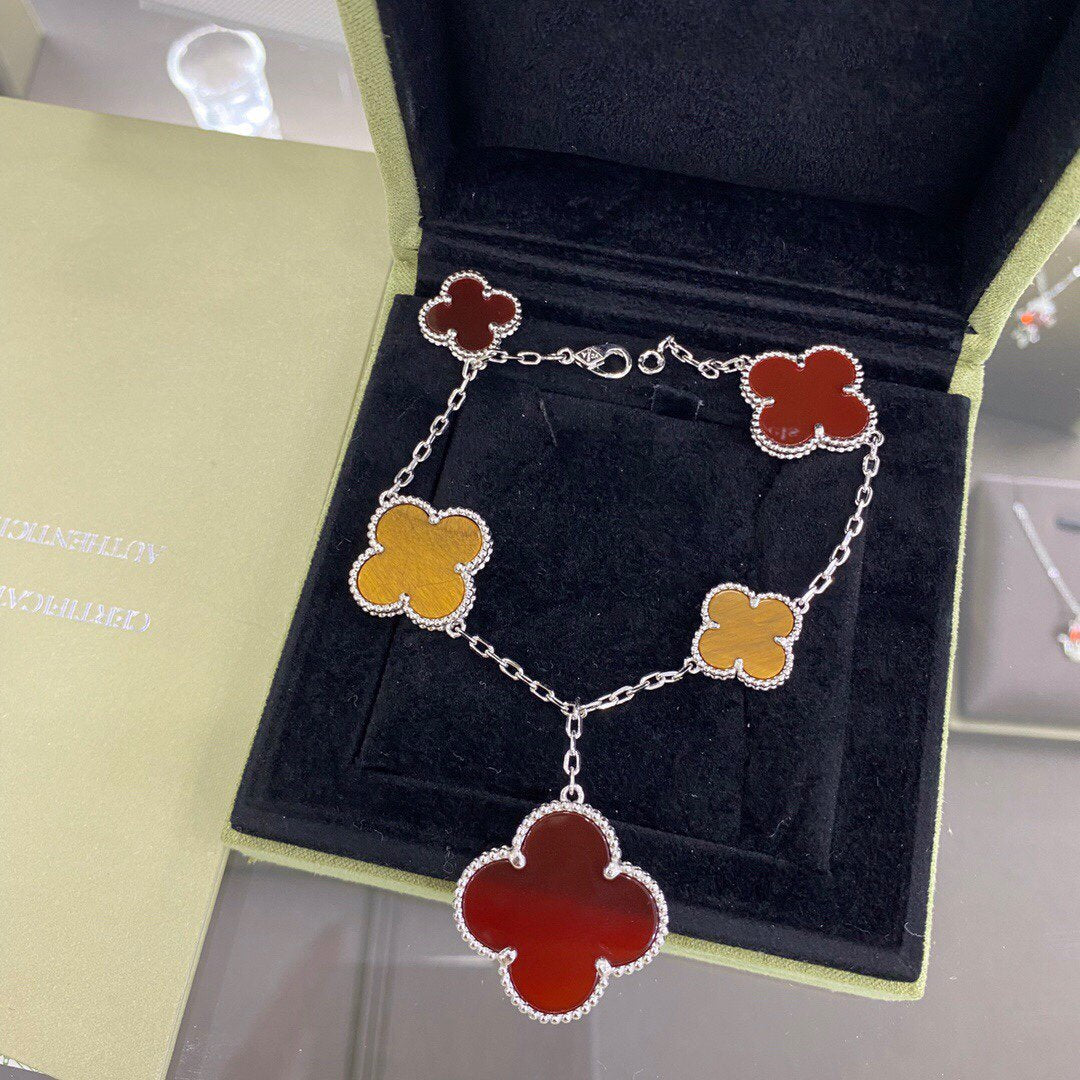 [⭐Sparkve]CLOVER 5 MOTIFS SIVLER CARNELIAN TIGER EYE BRACELET