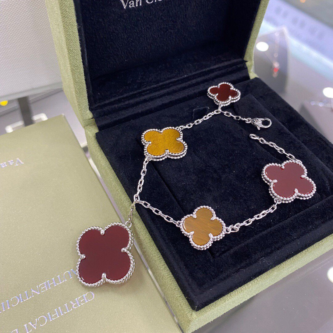 [⭐Sparkve]CLOVER 5 MOTIFS SIVLER CARNELIAN TIGER EYE BRACELET