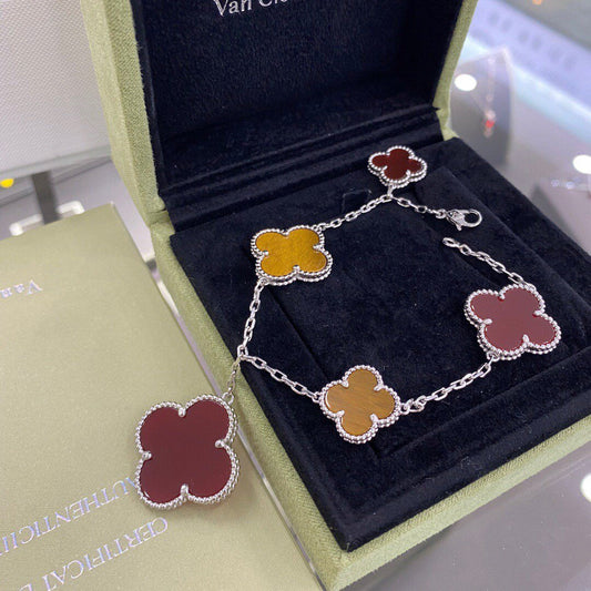 [⭐Sparkve]CLOVER 5 MOTIFS SIVLER CARNELIAN TIGER EYE BRACELET