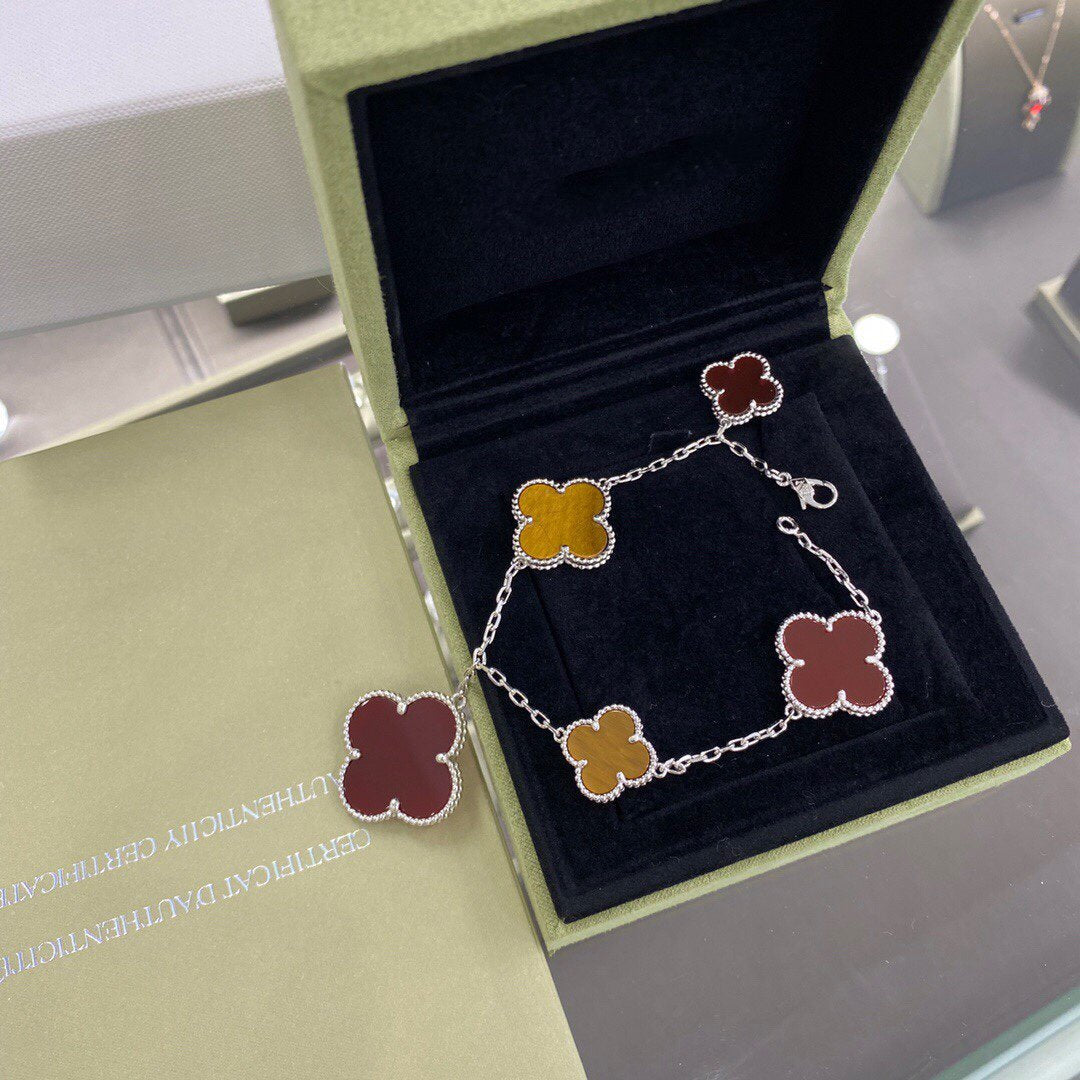 [⭐Sparkve]CLOVER 5 MOTIFS SIVLER CARNELIAN TIGER EYE BRACELET