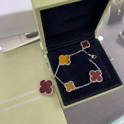 [⭐Sparkve]CLOVER 5 MOTIFS SIVLER CARNELIAN TIGER EYE BRACELET