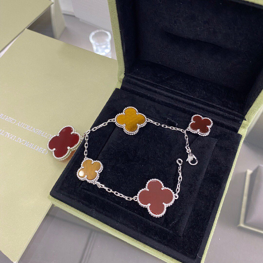 [⭐Sparkve]CLOVER 5 MOTIFS SIVLER CARNELIAN TIGER EYE BRACELET