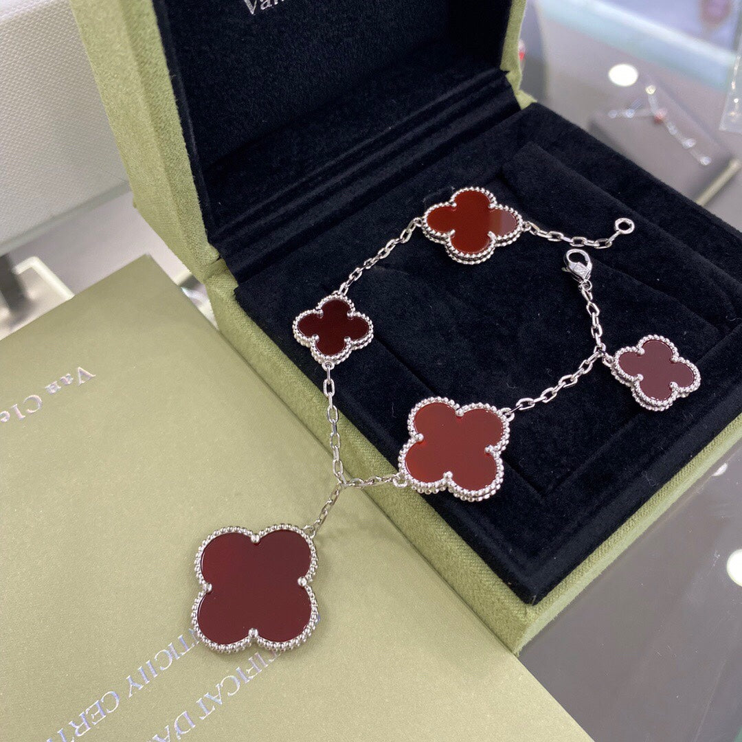 [⭐Sparkve]CLOVER 5 MOTIFS SIVLER CARNELIAN BRACELET