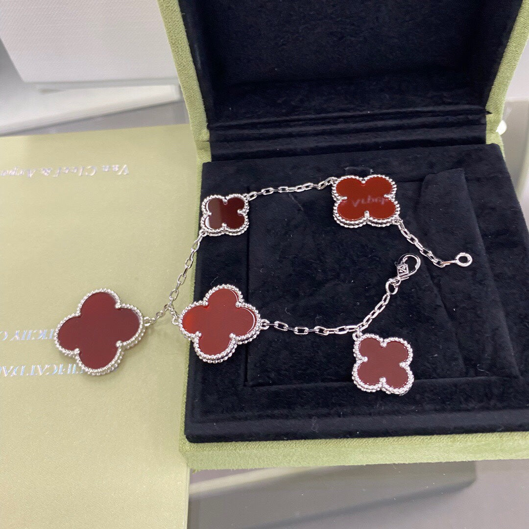 [⭐Sparkve]CLOVER 5 MOTIFS SIVLER CARNELIAN BRACELET