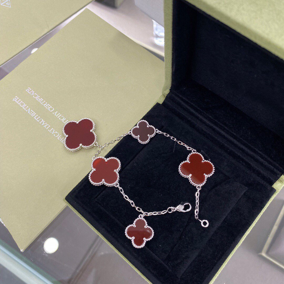 [⭐Sparkve]CLOVER 5 MOTIFS SIVLER CARNELIAN BRACELET