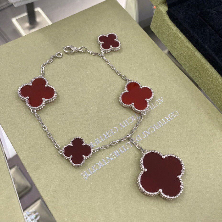 [⭐Sparkve]CLOVER 5 MOTIFS SIVLER CARNELIAN BRACELET