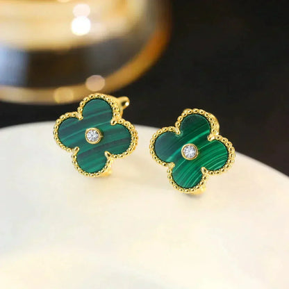 [⭐Sparkve]CLOVER MEDIUM 1 MOTIFS MALACHITE DIAMOND EARRINGS