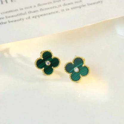 [⭐Sparkve]CLOVER MEDIUM 1 MOTIFS MALACHITE DIAMOND EARRINGS