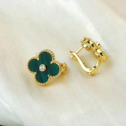 [⭐Sparkve]CLOVER MEDIUM 1 MOTIFS MALACHITE DIAMOND EARRINGS