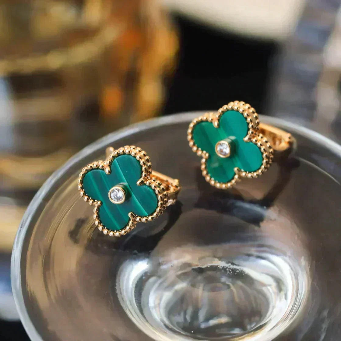 [⭐Sparkve]CLOVER MEDIUM 1 MOTIFS MALACHITE DIAMOND EARRINGS