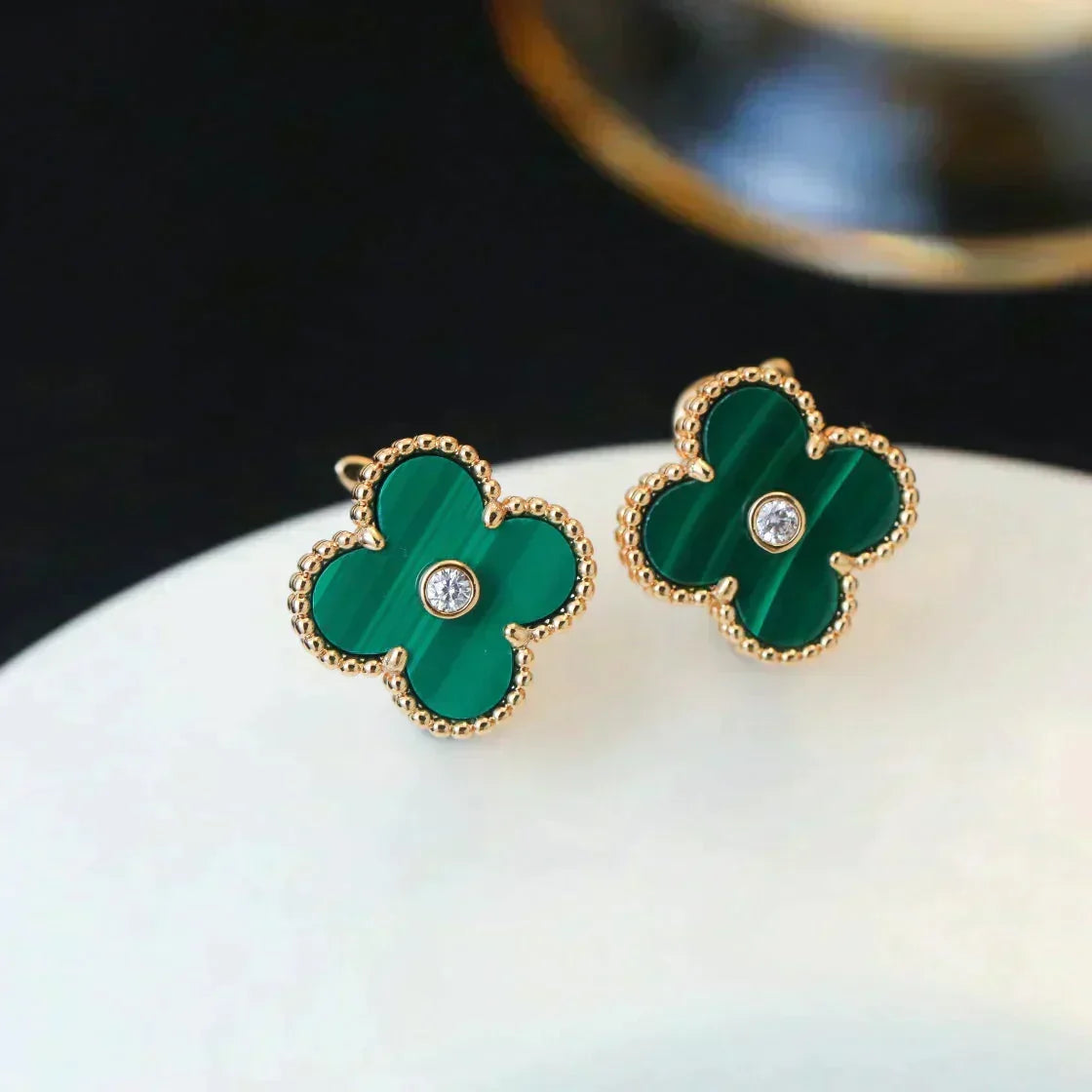 [⭐Sparkve]CLOVER MEDIUM 1 MOTIFS MALACHITE DIAMOND EARRINGS
