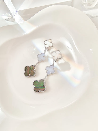 [⭐Sparkve]CLOVER 3 MOTIFS CHALCEDONY DARK MOP SILVER EARRINGS