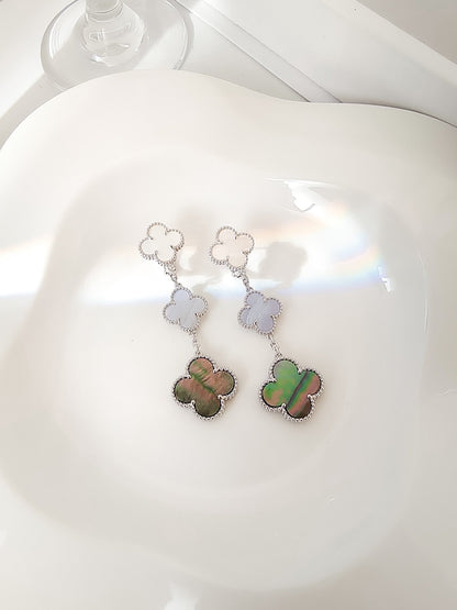 [⭐Sparkve]CLOVER 3 MOTIFS CHALCEDONY DARK MOP SILVER EARRINGS