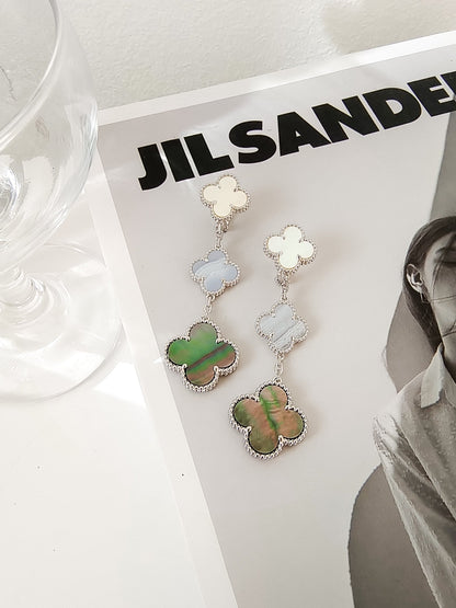 [⭐Sparkve]CLOVER 3 MOTIFS CHALCEDONY DARK MOP SILVER EARRINGS