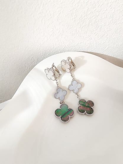 [⭐Sparkve]CLOVER 3 MOTIFS CHALCEDONY DARK MOP SILVER EARRINGS