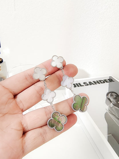 [⭐Sparkve]CLOVER 3 MOTIFS CHALCEDONY DARK MOP SILVER EARRINGS
