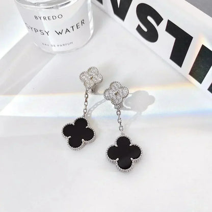 [⭐Sparkve]CLOVER 2 MOTIFS  DIAMOND ONYX EARRINGS SILVER