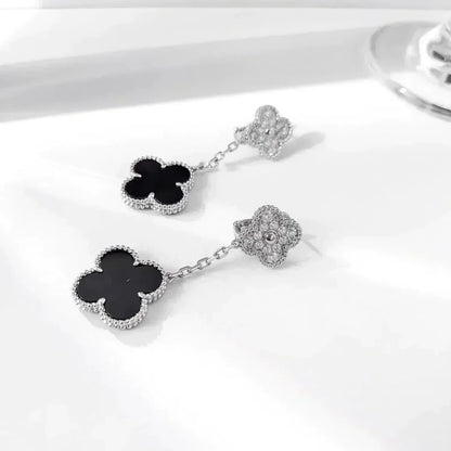 [⭐Sparkve]CLOVER 2 MOTIFS  DIAMOND ONYX EARRINGS SILVER