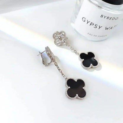 [⭐Sparkve]CLOVER 2 MOTIFS  DIAMOND ONYX EARRINGS SILVER