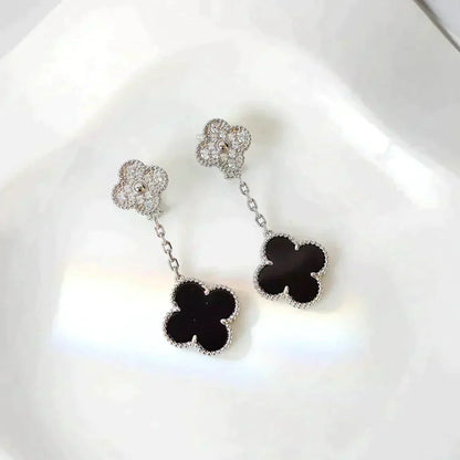 [⭐Sparkve]CLOVER 2 MOTIFS  DIAMOND ONYX EARRINGS SILVER