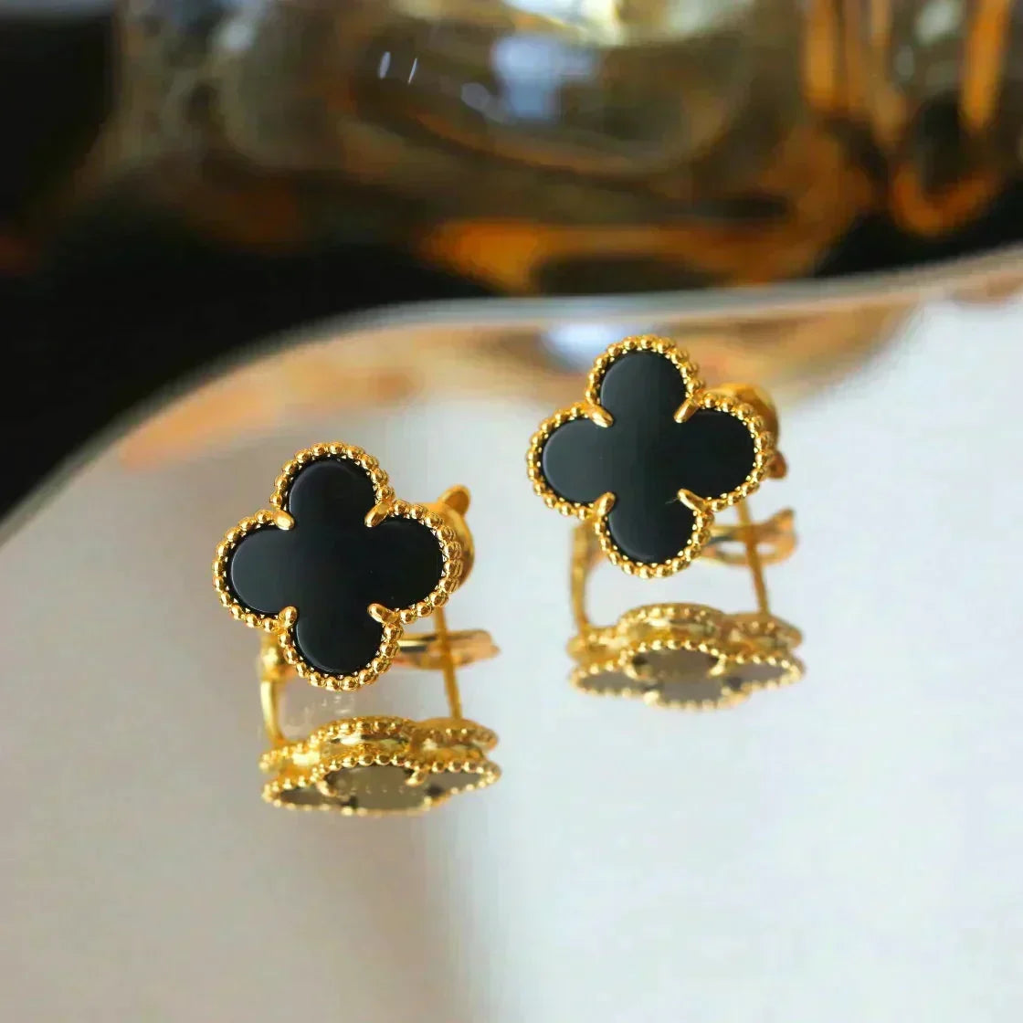 [⭐Sparkve]CLOVER MEDIUM 1 MOTIFS  ONYX STUD EARRINGS