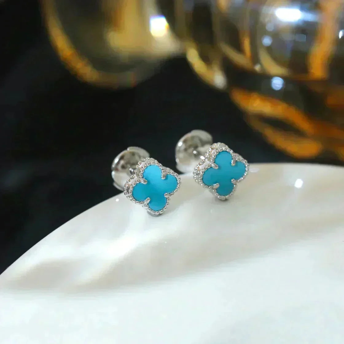 [⭐Sparkve]CLOVER MINI 9.5MM ONYX STUD EARRINGS SILVER