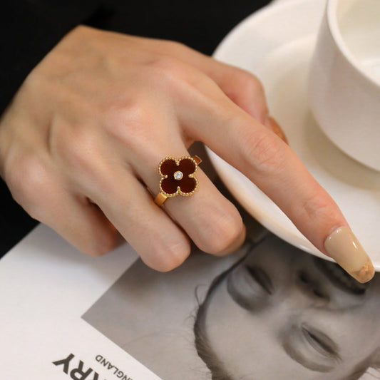 [⭐Sparkve]CLOVER CARNELIAN RING ROSE GOLD DIAMOND