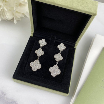 [⭐Sparkve]CLOVER 3 MOTIF DIAMOND SILVER DROP EARRINGS