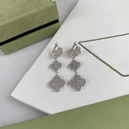 [⭐Sparkve]CLOVER 3 MOTIF DIAMOND SILVER DROP EARRINGS