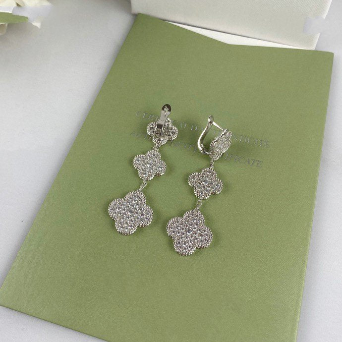 [⭐Sparkve]CLOVER 3 MOTIF DIAMOND SILVER DROP EARRINGS